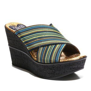 Love & Liberty High-Cork Wedge Sandals Memory Foam Padding | Navy-Multi Color